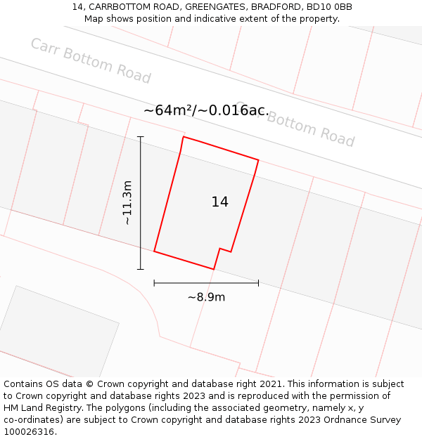 14, CARRBOTTOM ROAD, GREENGATES, BRADFORD, BD10 0BB: Plot and title map