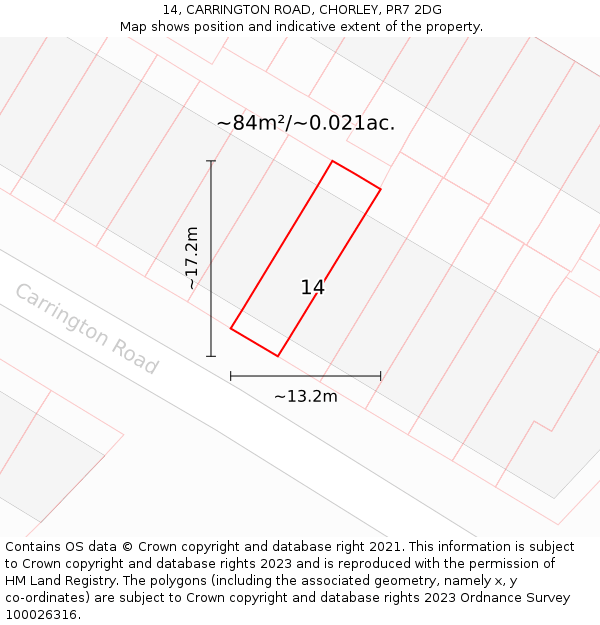 14, CARRINGTON ROAD, CHORLEY, PR7 2DG: Plot and title map
