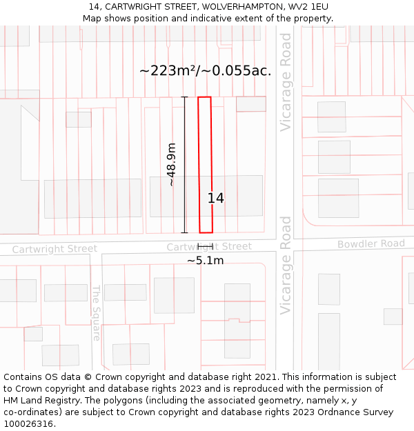 14, CARTWRIGHT STREET, WOLVERHAMPTON, WV2 1EU: Plot and title map