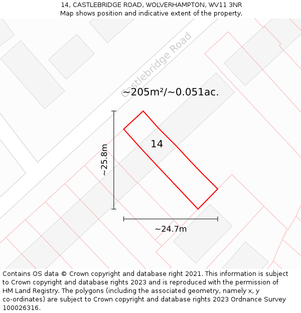14, CASTLEBRIDGE ROAD, WOLVERHAMPTON, WV11 3NR: Plot and title map