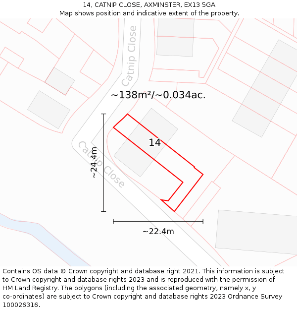 14, CATNIP CLOSE, AXMINSTER, EX13 5GA: Plot and title map
