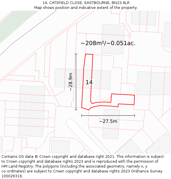 14, CATSFIELD CLOSE, EASTBOURNE, BN23 8LR: Plot and title map