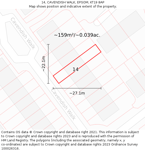 14, CAVENDISH WALK, EPSOM, KT19 8AP: Plot and title map