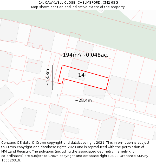 14, CAWKWELL CLOSE, CHELMSFORD, CM2 6SG: Plot and title map