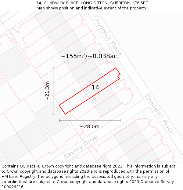 14, CHADWICK PLACE, LONG DITTON, SURBITON, KT6 5RE: Plot and title map