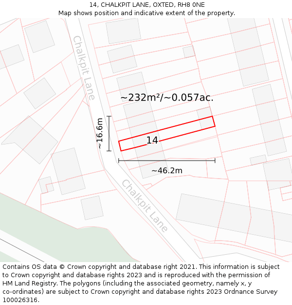 14, CHALKPIT LANE, OXTED, RH8 0NE: Plot and title map