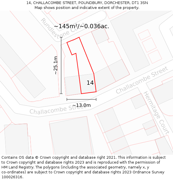 14, CHALLACOMBE STREET, POUNDBURY, DORCHESTER, DT1 3SN: Plot and title map