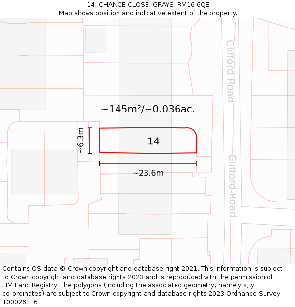 14, CHANCE CLOSE, GRAYS, RM16 6QE: Plot and title map