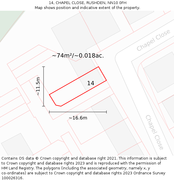 14, CHAPEL CLOSE, RUSHDEN, NN10 0FH: Plot and title map