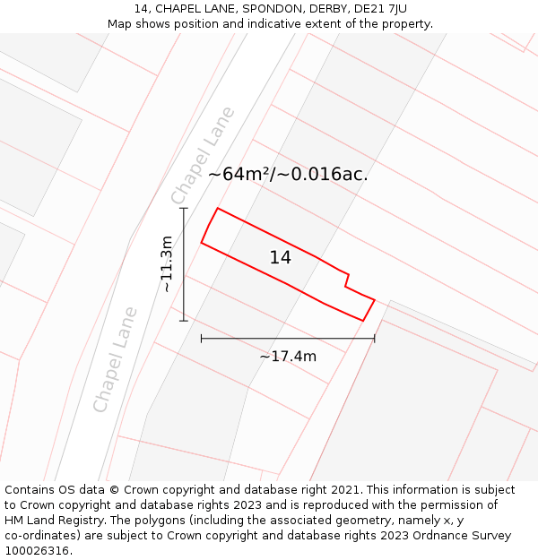 14, CHAPEL LANE, SPONDON, DERBY, DE21 7JU: Plot and title map