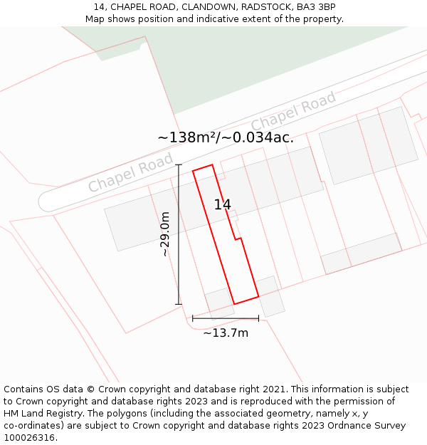 14, CHAPEL ROAD, CLANDOWN, RADSTOCK, BA3 3BP: Plot and title map