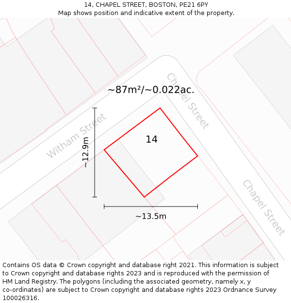 14, CHAPEL STREET, BOSTON, PE21 6PY: Plot and title map