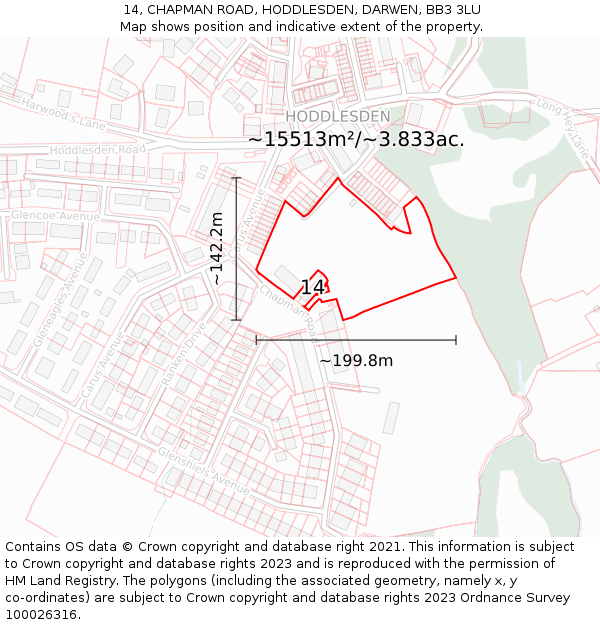 14, CHAPMAN ROAD, HODDLESDEN, DARWEN, BB3 3LU: Plot and title map