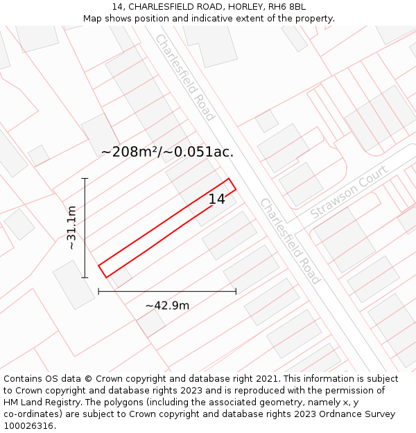 14, CHARLESFIELD ROAD, HORLEY, RH6 8BL: Plot and title map