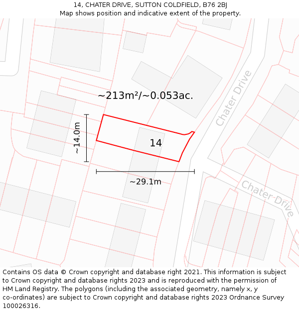 14, CHATER DRIVE, SUTTON COLDFIELD, B76 2BJ: Plot and title map