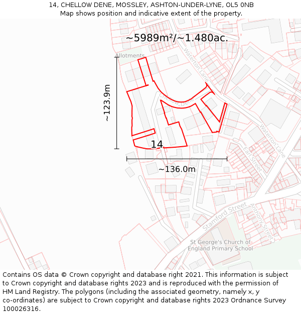 14, CHELLOW DENE, MOSSLEY, ASHTON-UNDER-LYNE, OL5 0NB: Plot and title map
