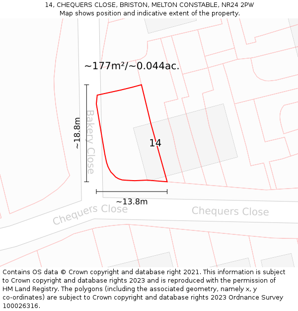 14, CHEQUERS CLOSE, BRISTON, MELTON CONSTABLE, NR24 2PW: Plot and title map