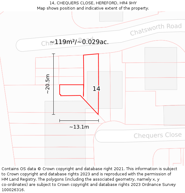 14, CHEQUERS CLOSE, HEREFORD, HR4 9HY: Plot and title map