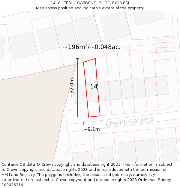 14, CHERRILL GARDENS, BUDE, EX23 8SL: Plot and title map