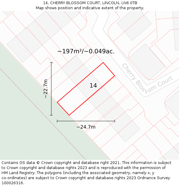 14, CHERRY BLOSSOM COURT, LINCOLN, LN6 0TB: Plot and title map