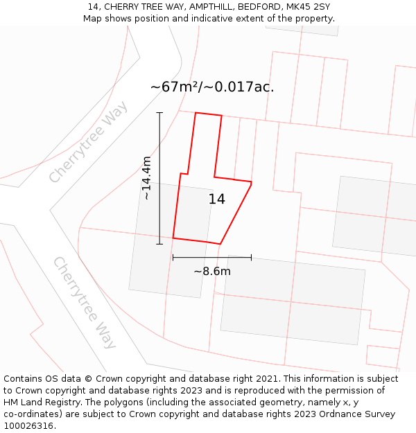 14, CHERRY TREE WAY, AMPTHILL, BEDFORD, MK45 2SY: Plot and title map