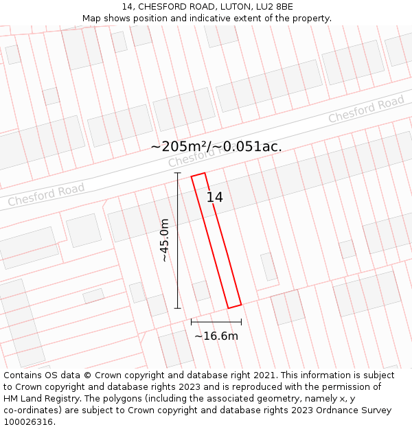 14, CHESFORD ROAD, LUTON, LU2 8BE: Plot and title map