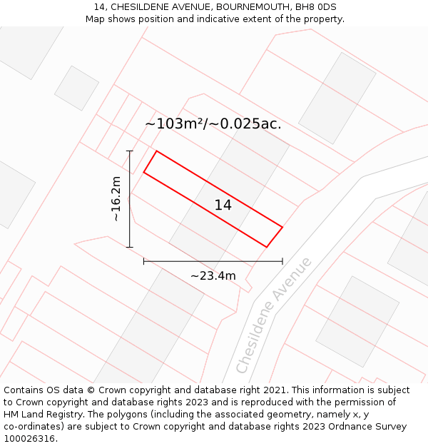 14, CHESILDENE AVENUE, BOURNEMOUTH, BH8 0DS: Plot and title map