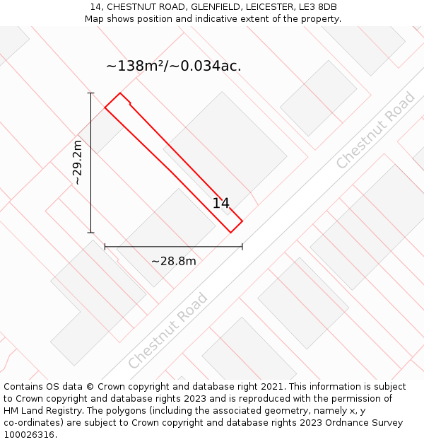 14, CHESTNUT ROAD, GLENFIELD, LEICESTER, LE3 8DB: Plot and title map