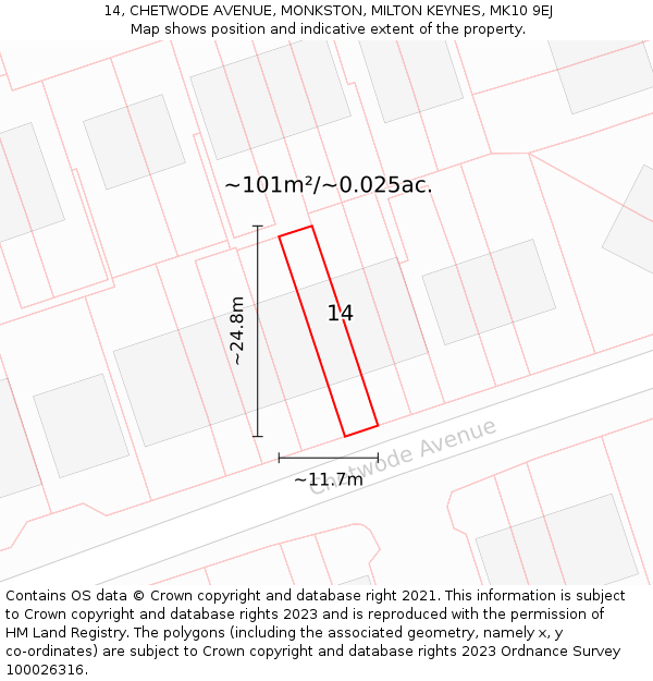 14, CHETWODE AVENUE, MONKSTON, MILTON KEYNES, MK10 9EJ: Plot and title map