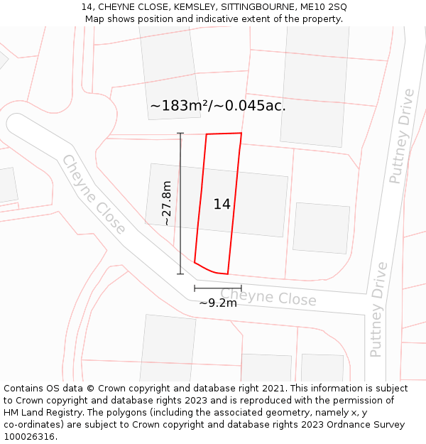 14, CHEYNE CLOSE, KEMSLEY, SITTINGBOURNE, ME10 2SQ: Plot and title map