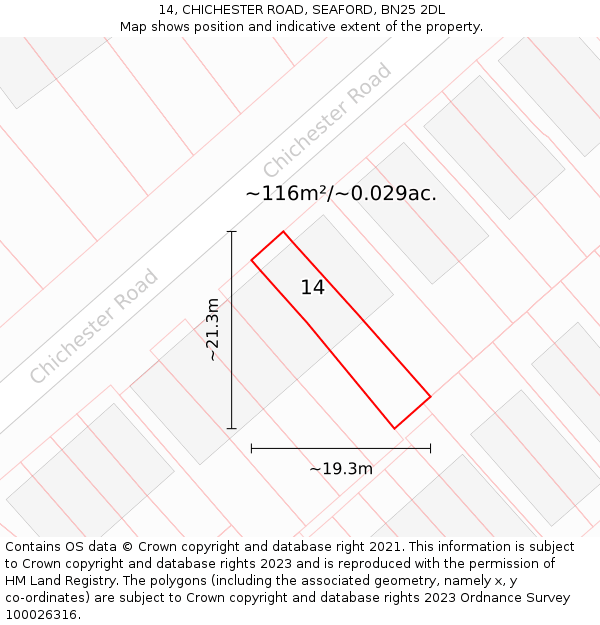 14, CHICHESTER ROAD, SEAFORD, BN25 2DL: Plot and title map