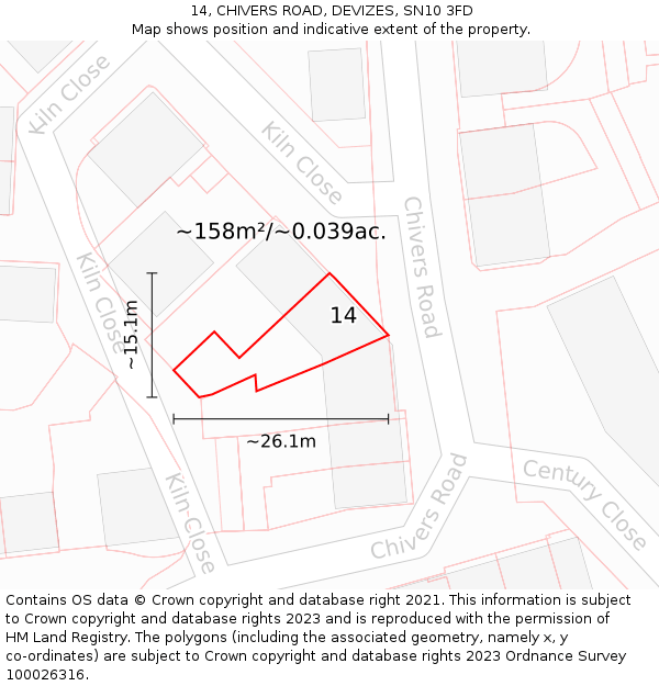 14, CHIVERS ROAD, DEVIZES, SN10 3FD: Plot and title map