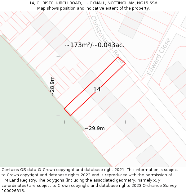 14, CHRISTCHURCH ROAD, HUCKNALL, NOTTINGHAM, NG15 6SA: Plot and title map