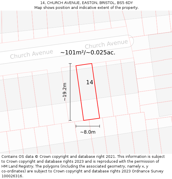 14, CHURCH AVENUE, EASTON, BRISTOL, BS5 6DY: Plot and title map