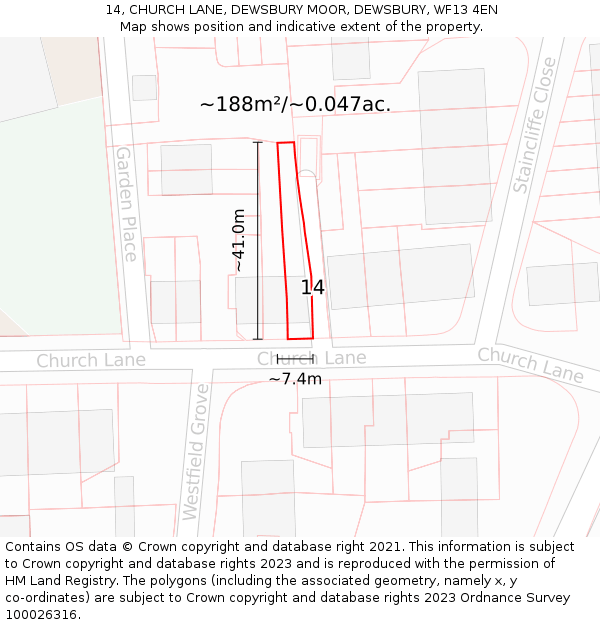 14, CHURCH LANE, DEWSBURY MOOR, DEWSBURY, WF13 4EN: Plot and title map
