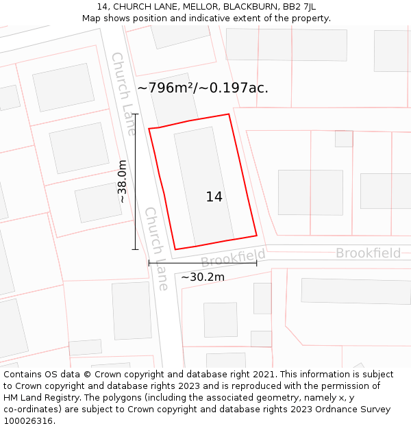 14, CHURCH LANE, MELLOR, BLACKBURN, BB2 7JL: Plot and title map