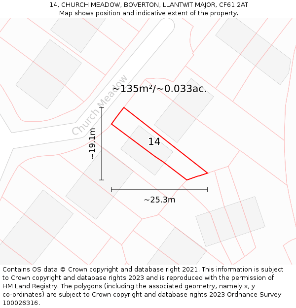 14, CHURCH MEADOW, BOVERTON, LLANTWIT MAJOR, CF61 2AT: Plot and title map