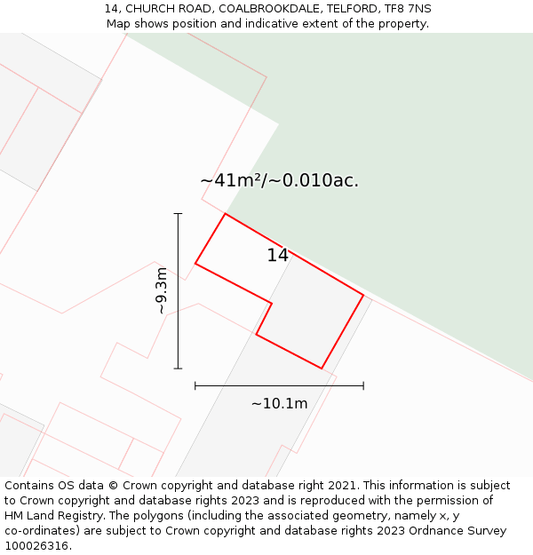 14, CHURCH ROAD, COALBROOKDALE, TELFORD, TF8 7NS: Plot and title map