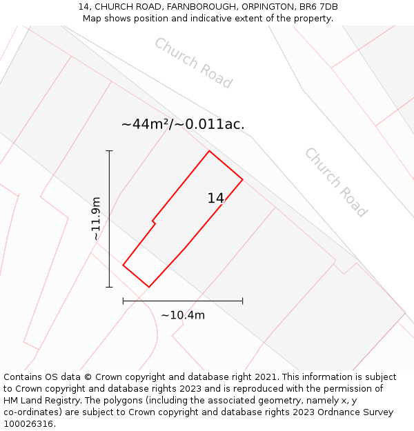 14, CHURCH ROAD, FARNBOROUGH, ORPINGTON, BR6 7DB: Plot and title map