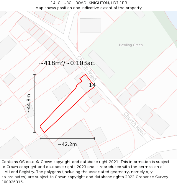 14, CHURCH ROAD, KNIGHTON, LD7 1EB: Plot and title map