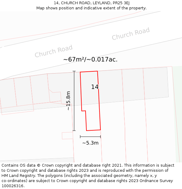 14, CHURCH ROAD, LEYLAND, PR25 3EJ: Plot and title map