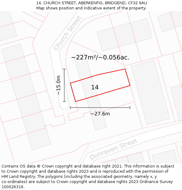 14, CHURCH STREET, ABERKENFIG, BRIDGEND, CF32 9AU: Plot and title map