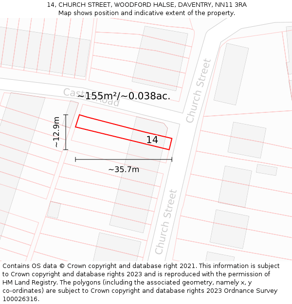 14, CHURCH STREET, WOODFORD HALSE, DAVENTRY, NN11 3RA: Plot and title map