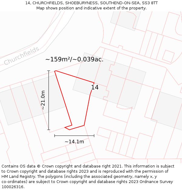 14, CHURCHFIELDS, SHOEBURYNESS, SOUTHEND-ON-SEA, SS3 8TT: Plot and title map