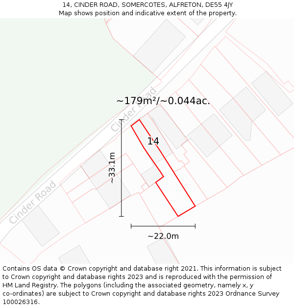 14, CINDER ROAD, SOMERCOTES, ALFRETON, DE55 4JY: Plot and title map