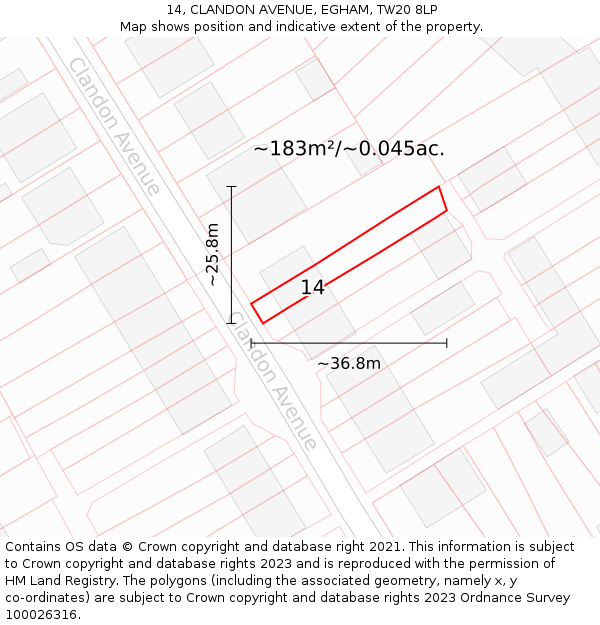 14, CLANDON AVENUE, EGHAM, TW20 8LP: Plot and title map