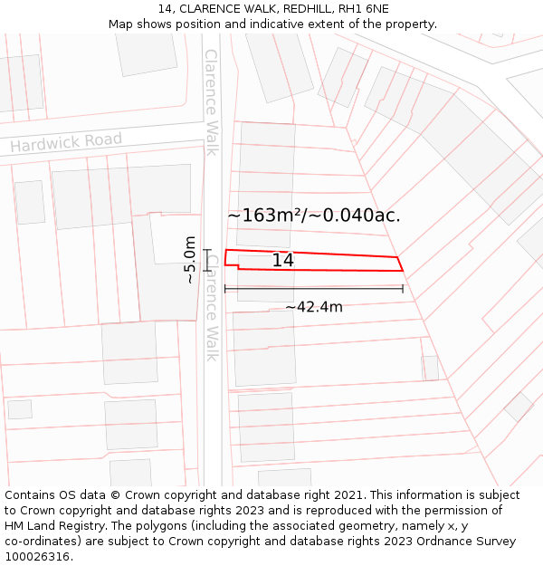 14, CLARENCE WALK, REDHILL, RH1 6NE: Plot and title map