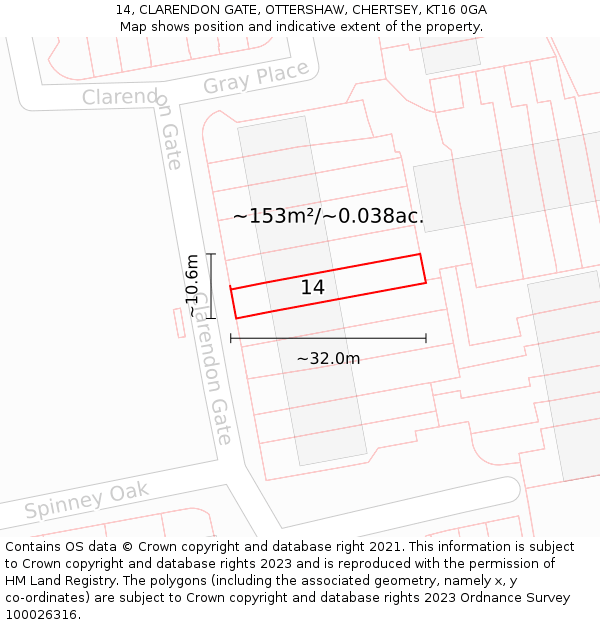 14, CLARENDON GATE, OTTERSHAW, CHERTSEY, KT16 0GA: Plot and title map
