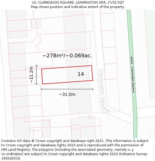 14, CLARENDON SQUARE, LEAMINGTON SPA, CV32 5QT: Plot and title map