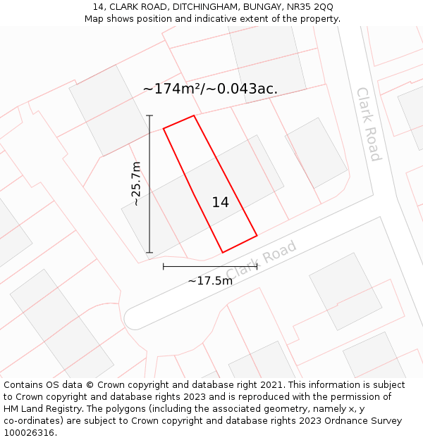 14, CLARK ROAD, DITCHINGHAM, BUNGAY, NR35 2QQ: Plot and title map